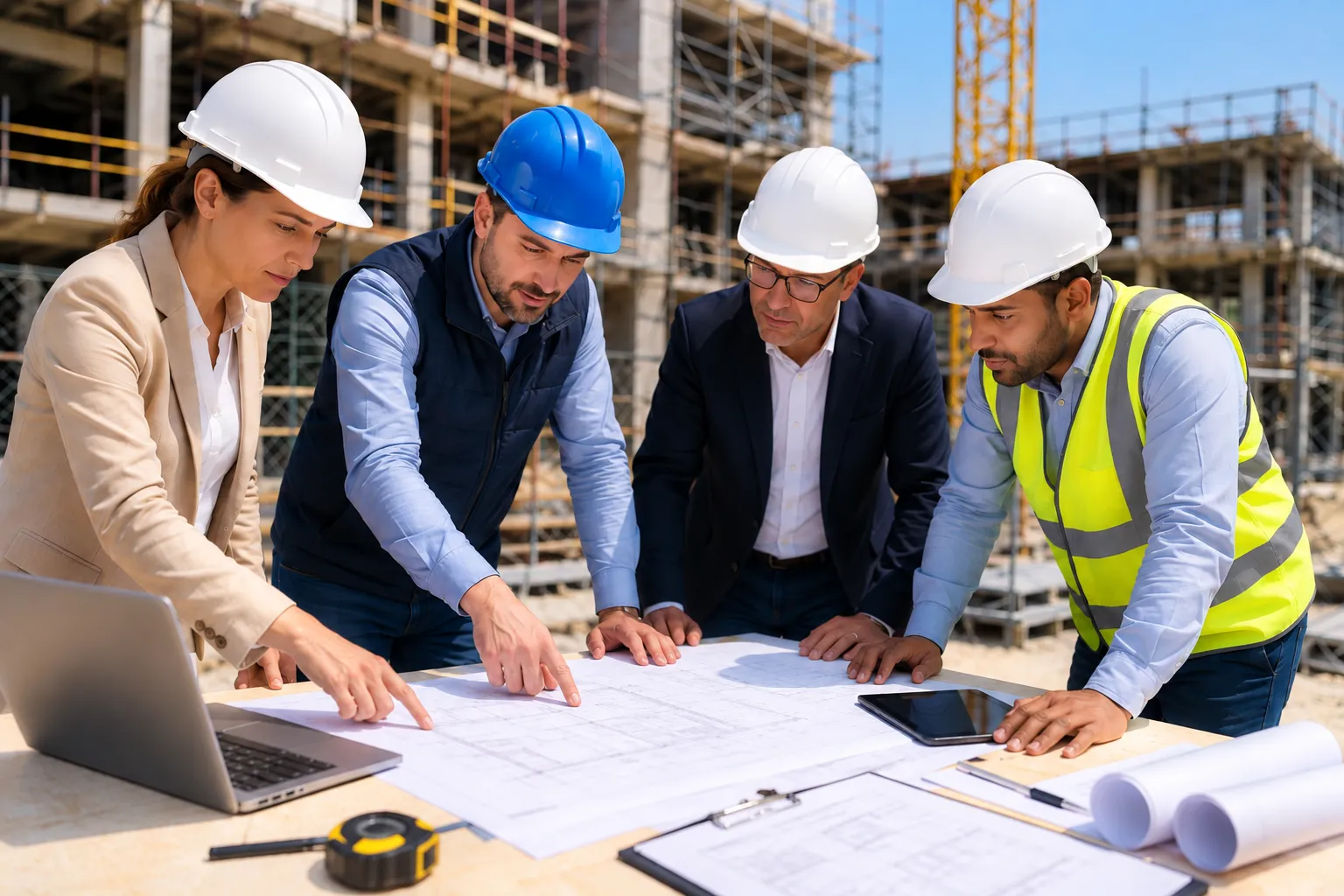 Audit technique chantier BTP – LYSANTHA SOLUTIONS Équipe réunie autour de plans pour un audit technique sur un chantier BTP