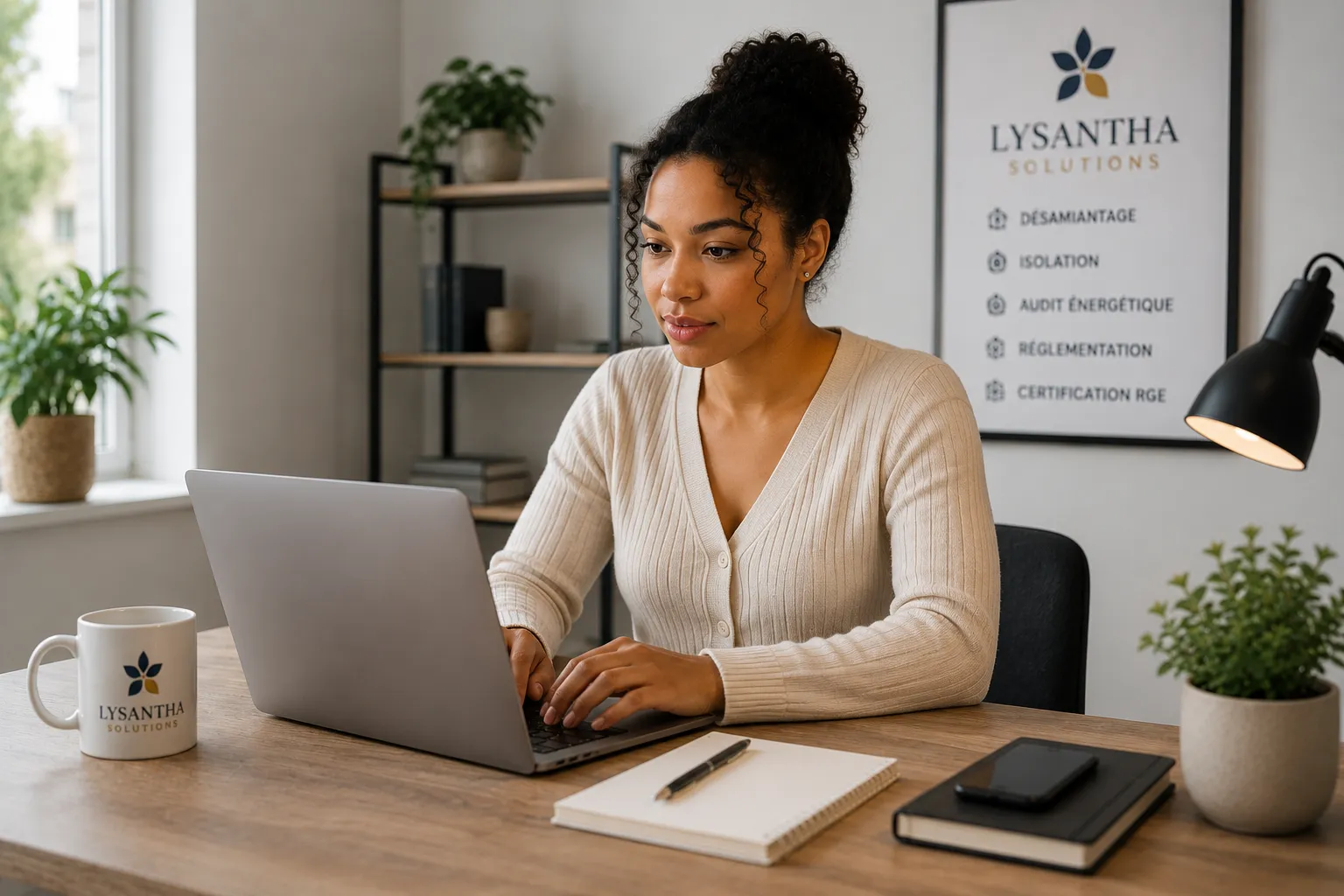 Femme travaillant sur un ordinateur portable dans un bureau LYSANTHA SOLUTIONS